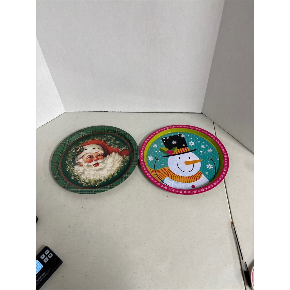 Nicole Christmas Tin Serving Trays Set of 2 Santa Claus &‎ Snowman Round UC49032
